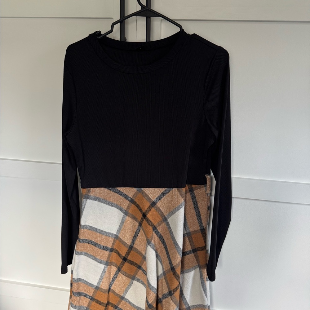 Black Long Sleeve Top with Plaid Skirt
